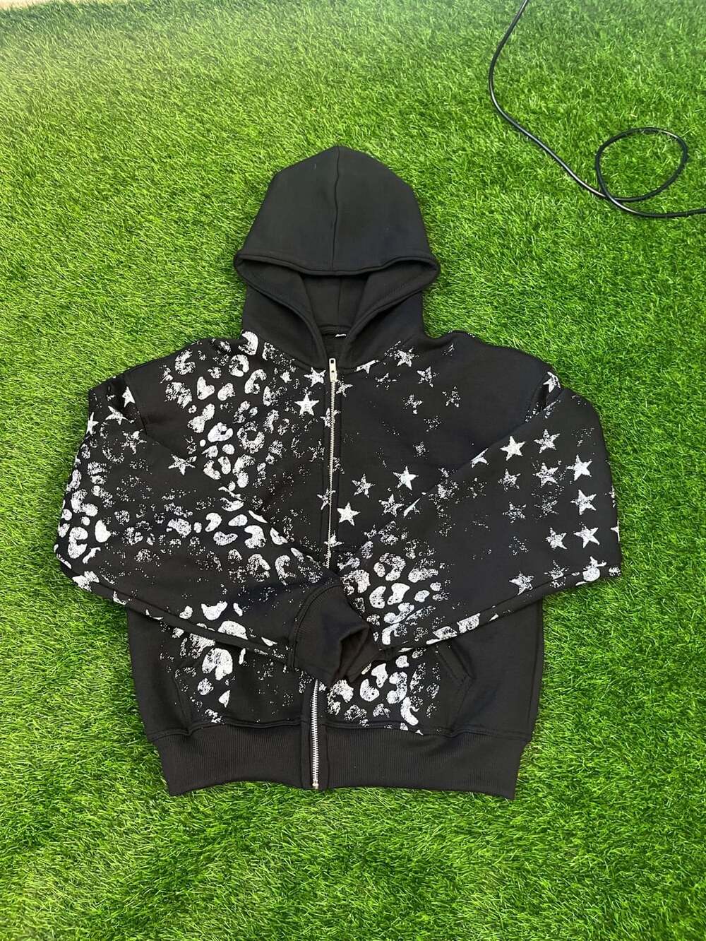 Vintage Zip Up Hoodie Size M Black Star Leopard Print Full Zip